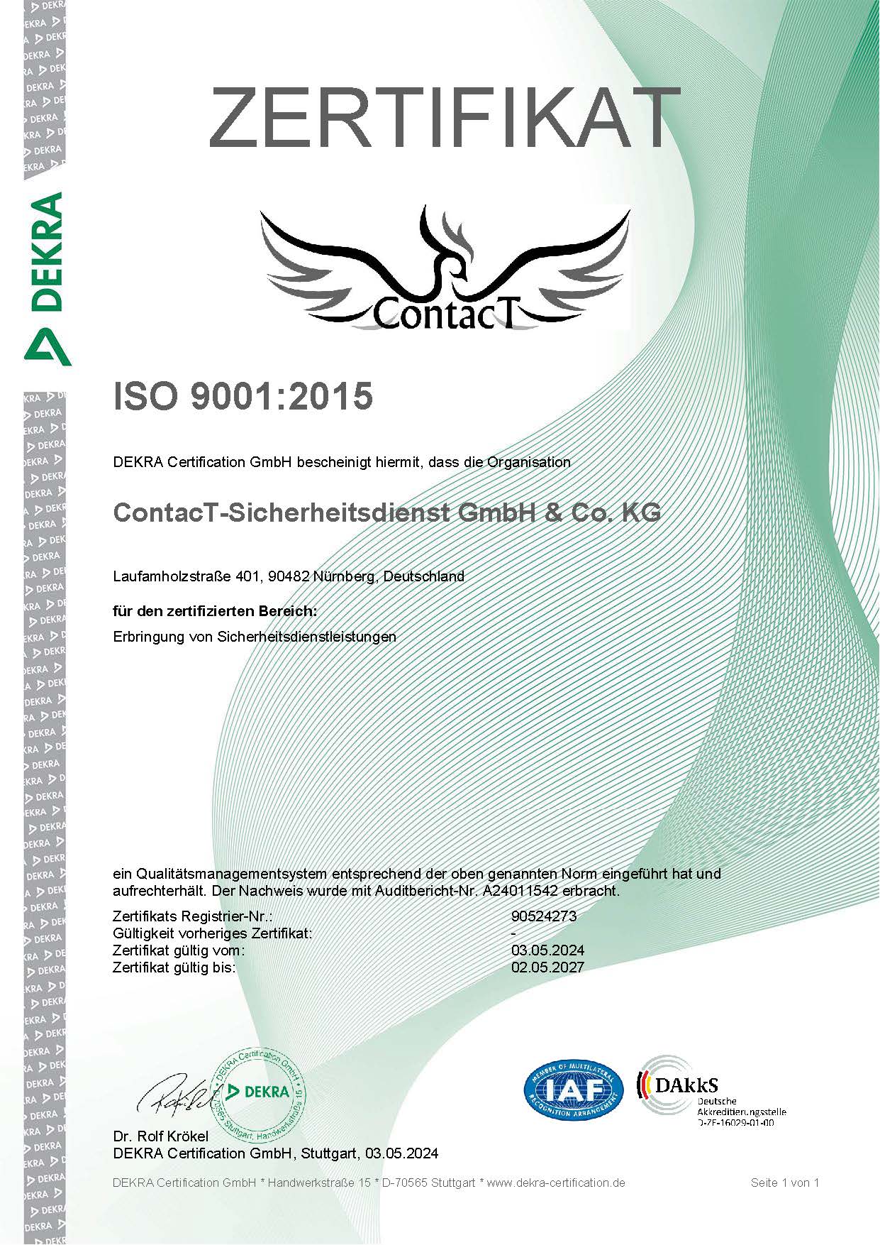 ISO 9001:2015 Zertifikat, DEKRA Registernummer 90524273